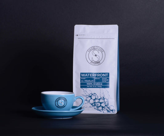 Light Blue ceramic coffee cup   Waterfront Roast (light/medium) 100% Arabica Specialty Coffee Roast: Light/Medium Flavor Notes: Fruity, Tropical, Honey